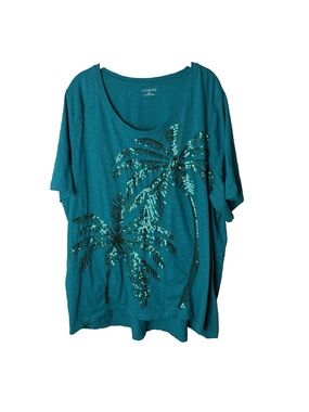 Catherines Top Plus Size 2X 22W 24W Short Sleeves Cotton Sequins Palm Trees